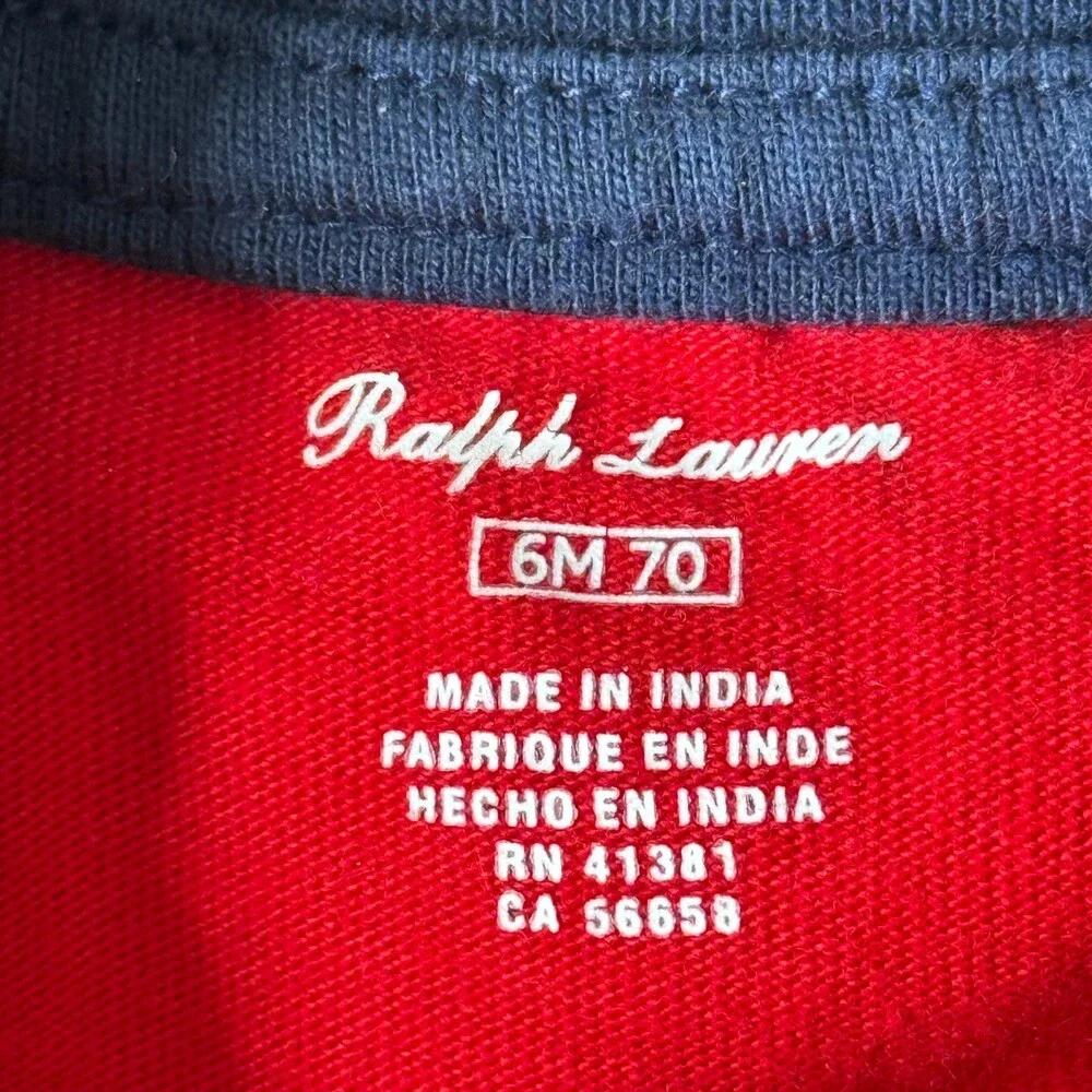 Ralph Lauren Baby Boy Shawl-Collar Cotton Coverall Bodysuit Red Blue 6M Pony